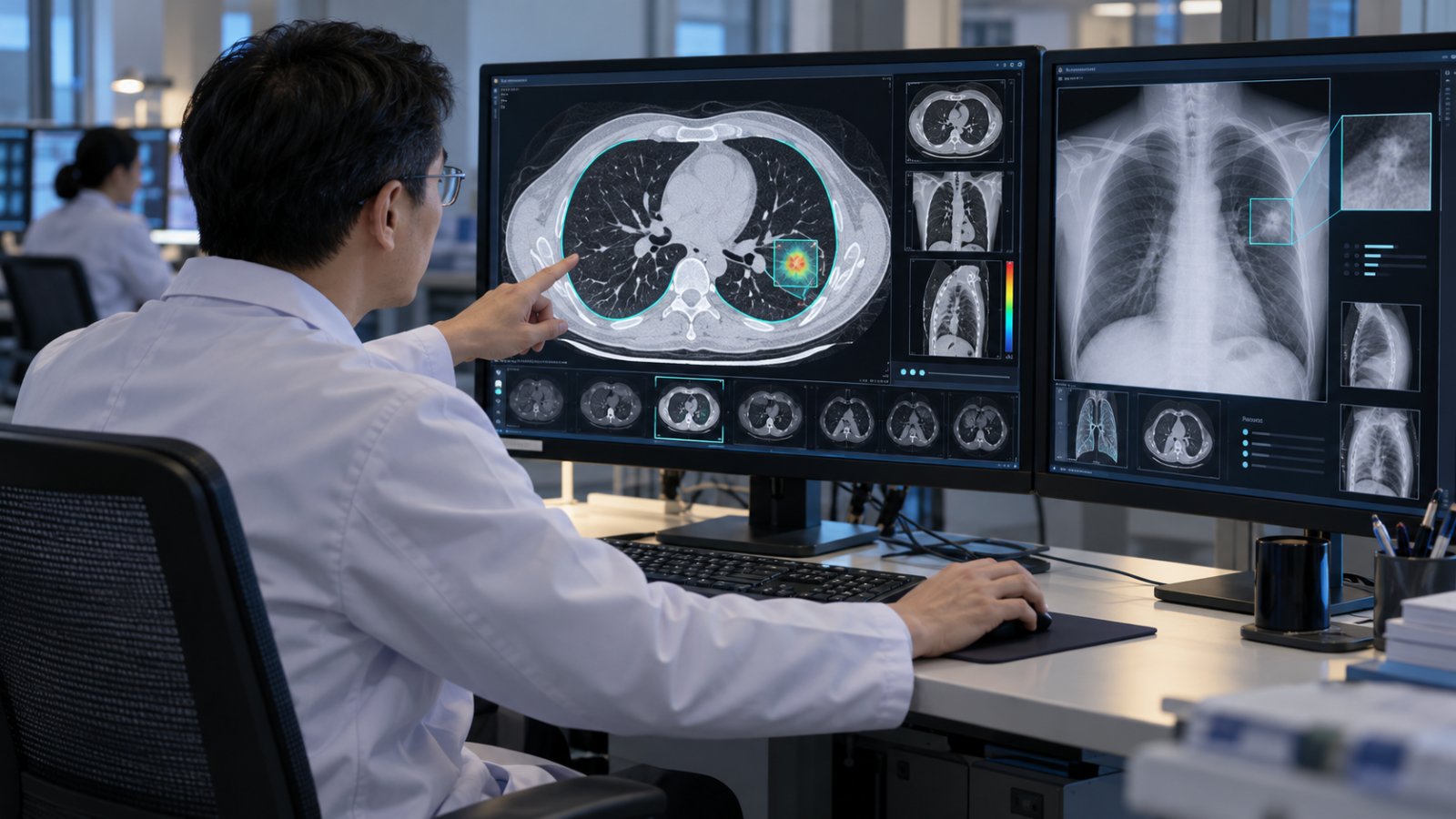 Arzt prüft KI-gestützte medizinische Bildgebungssoftware