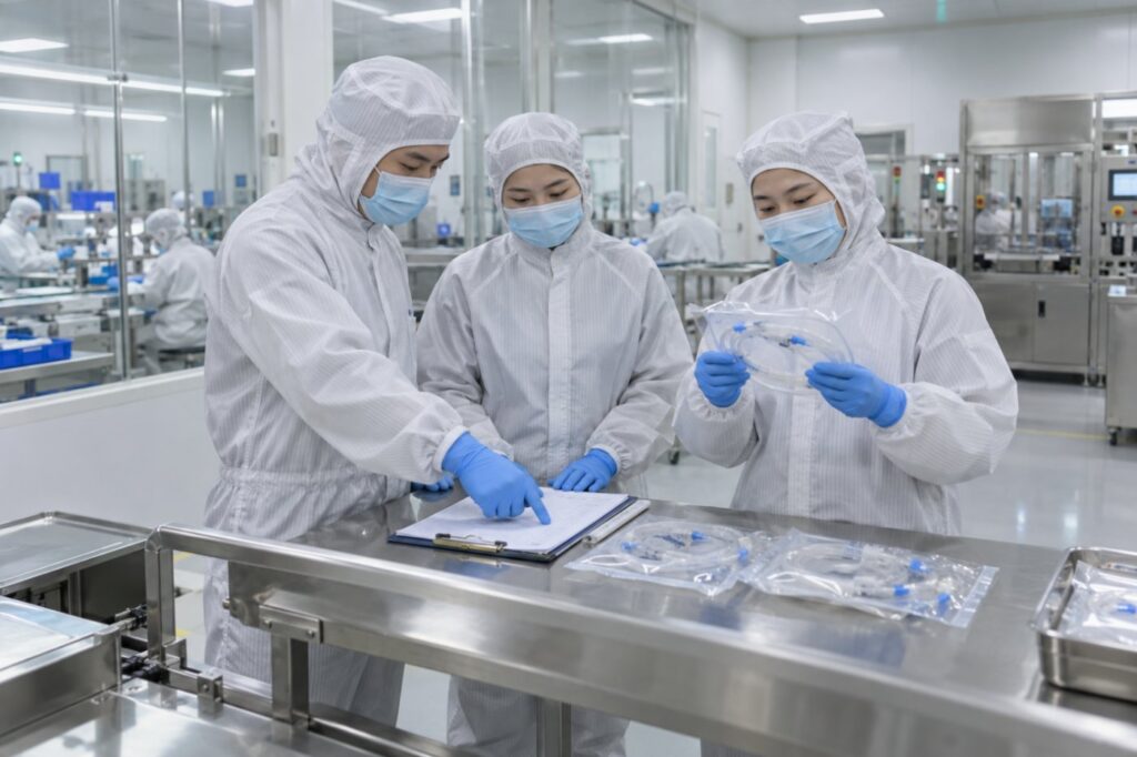 Quality staff inspecting medical devices in a cleanroom